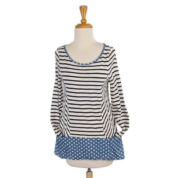 Anthropologie S Postmark Fairley Striped Polka Dot Tunic Top Boho Mod Retro Blue - Picture 6 of 7